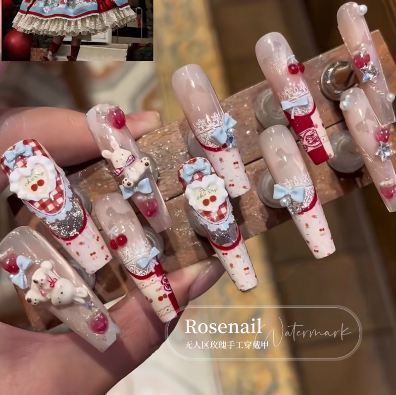 Alice in Wonderland Handmade 3D Girly Heart-Shaped Wearable Nail Polish, Whitening Heart Hand-Painted Nail Stickers, Removable 528