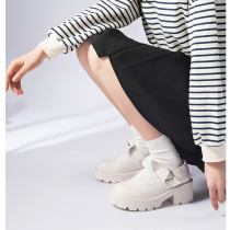 majealure mary rare shoes butterfly knot coarse heel jk woman shoes pine pastry genuine leather white small leather shoes