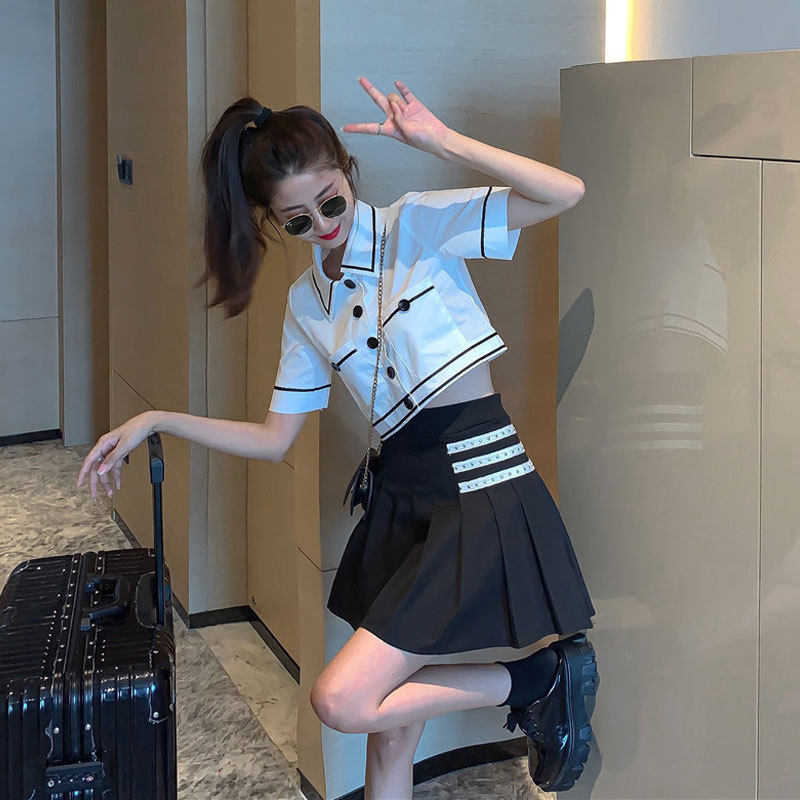 majealure college wind suit skirt dresses summer jk uniforms foreign pie small sub-less fragrant wind two-piece set