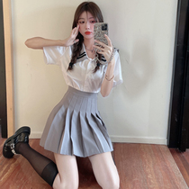 majealure navy wind JK uniform suit summer new sweet girl small subplexant dress Two sets