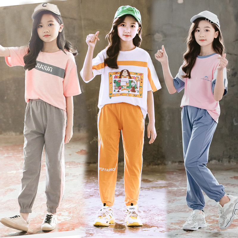 Girl Summer Clothing Suit Children Suit Summer Pure Cotton 9-12 Year Old Girl Loose Sport Short Sleeve Long Pants Suit Summer