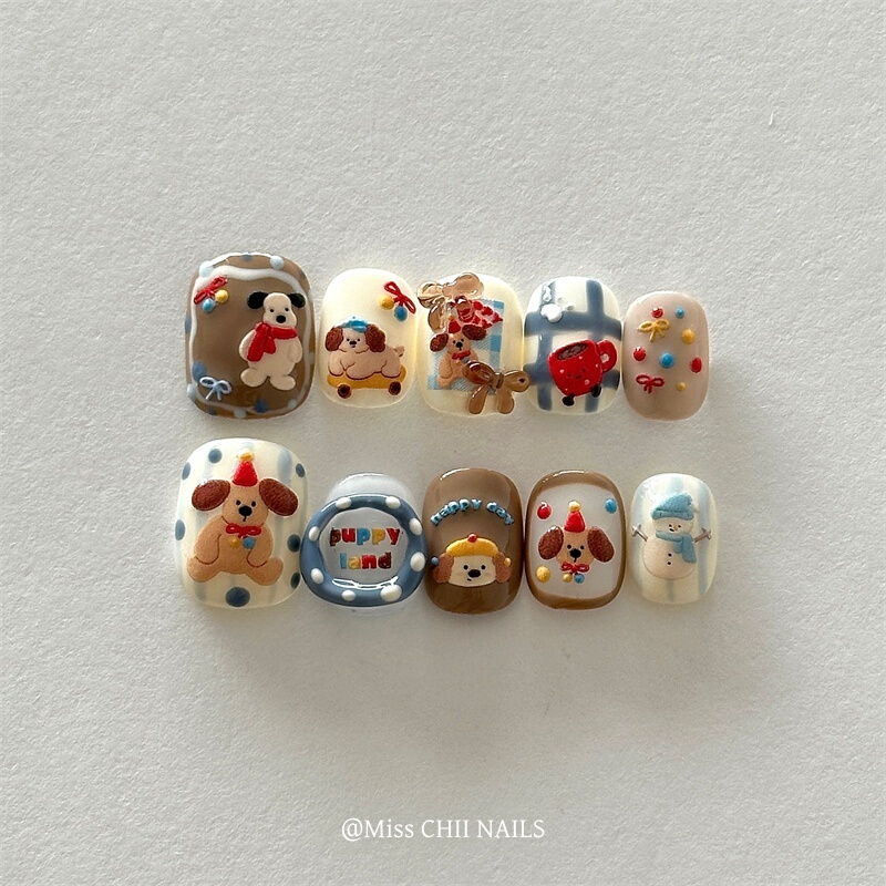 New Year's Gift for Girls, Cartoon Party Puppy, Hand-Painted, Handmade, Wearable Beanie Nails, Removable Nail Art, Baby Nails