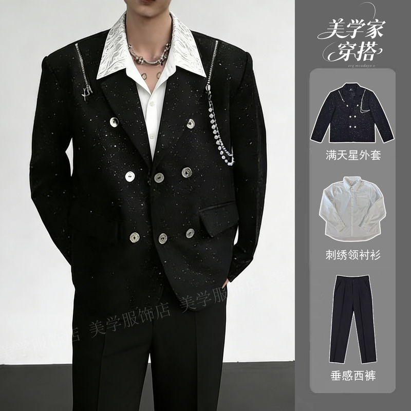 Korean Style High-End Zipper Niche Design Gold-Stamped Suit for Men, Cool and Stylish, Casual Loose Shiny Short Suit