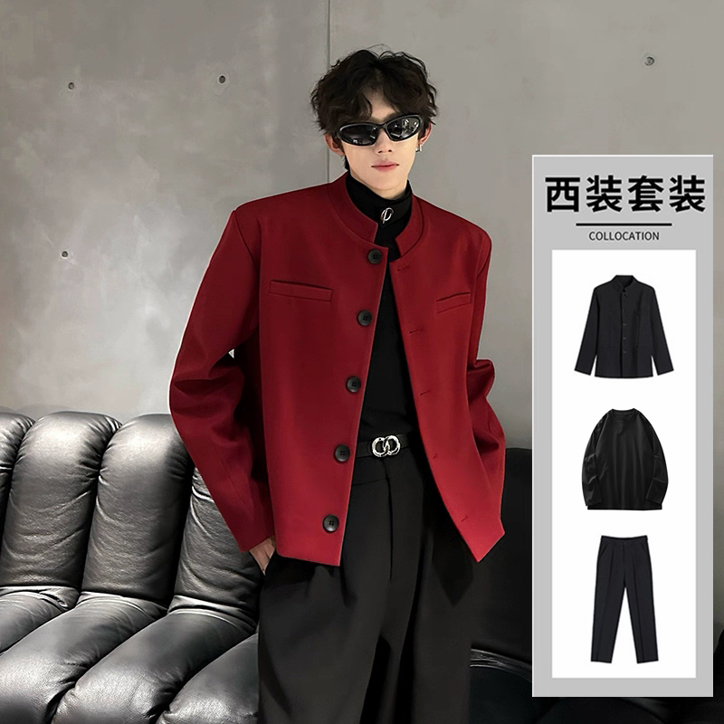 Red and Black Zhongshan Suit, New Chinese-Style Jacket for Men, High-End, Stylish, Slim-Fit, Short, Shoulder-Padded, Stand-Collar Suit Set