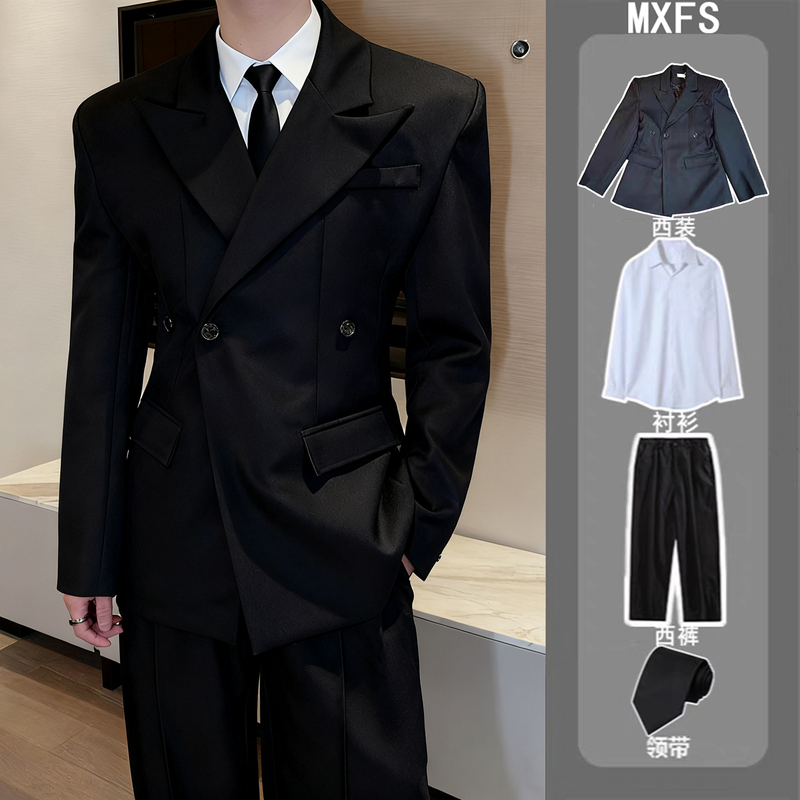 British Style Waist-Cinching Three-Dimensional Silhouette Black Shoulder-Padded Blazer Men's Spring Fashion Trendy Casual Suit Set