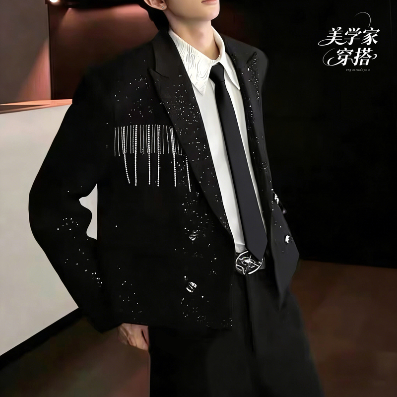 Black Short Blazer for Men with Tassel Chain, Unique Design, Starry Pattern, Cool and Trendy Suit