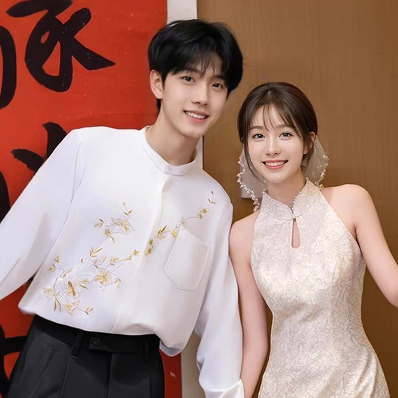 New Chinese-Style National Embroidery Stand-Up Collar Handsome No-Iron Embroidered Long-Sleeve Shirt for Weddings and Engagements, Versatile and Drapey Shirt