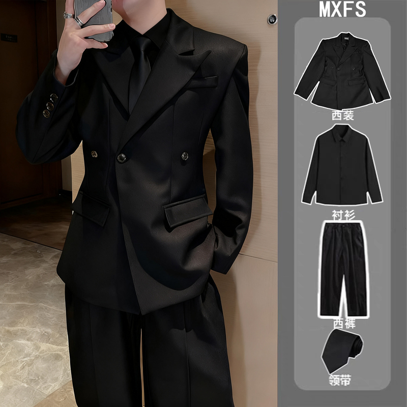 High-End French-Style Waist-Cinching Three-Dimensional Silhouette Black Shoulder-Padded Blazer for Men, Autumn Fashion Trendy Casual Suit