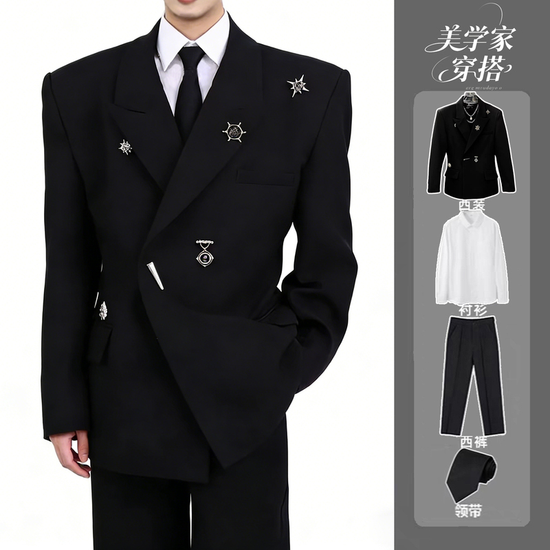 Niche Black Oversized Shoulder-Padded Blazer for Men, High-End Luxury, Peaked Lapel, Waist-Cinching, Trendy Casual Suit