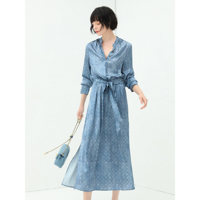 COCOBELLA render denim printed shirt dress women's summer silky satin commuter dress FR922