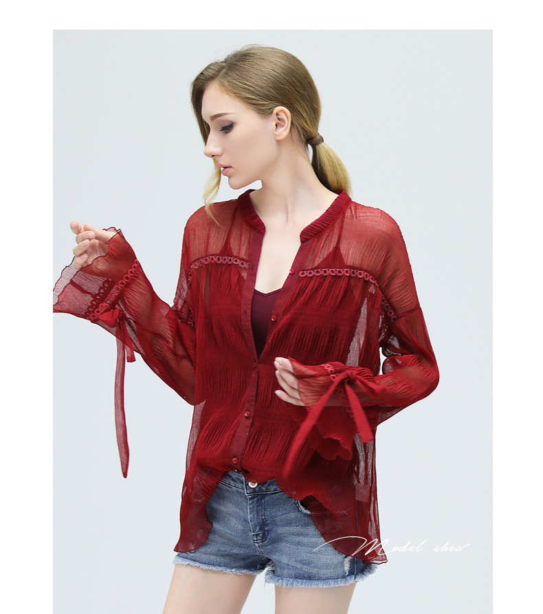 COCOBELLA rượu vang đỏ xếp li voan áo sơ mi nữ dài tay ren khâu xếp li cổ áo sơ mi KT236 sơ mi nữ đẹp