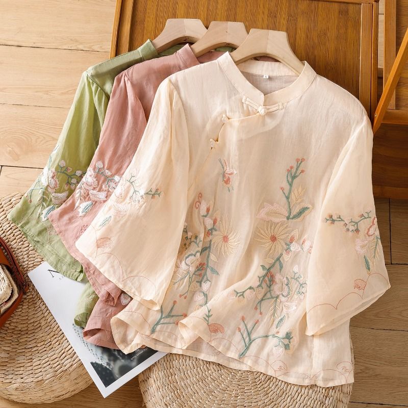 Chinese-Style Improved Tea Dress Shirt for Women, Summer Thin Style, Stand Collar, Button Closure, Heavy Embroidery, Three-Quarter Sleeves, Cotton and Linen Top