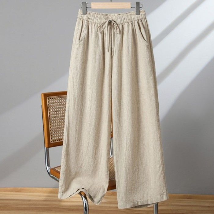 Cotton and Linen Wide-Leg Pants for Women, New Summer Style, High-Waisted, Drapey, Cropped Pants, Plus Size, Loose Linen Drawstring Straight-Leg Casual Pants