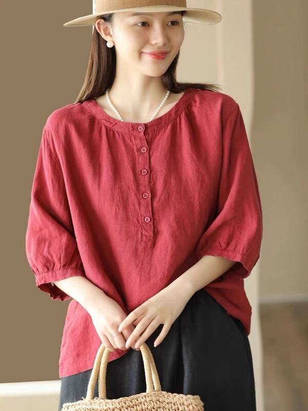 Plus-Size Artistic Round-Neck Solid Color Linen Shirt for Women, Summer Mid-Sleeve Pullover Top, Loose Cotton-Linen Base Shirt