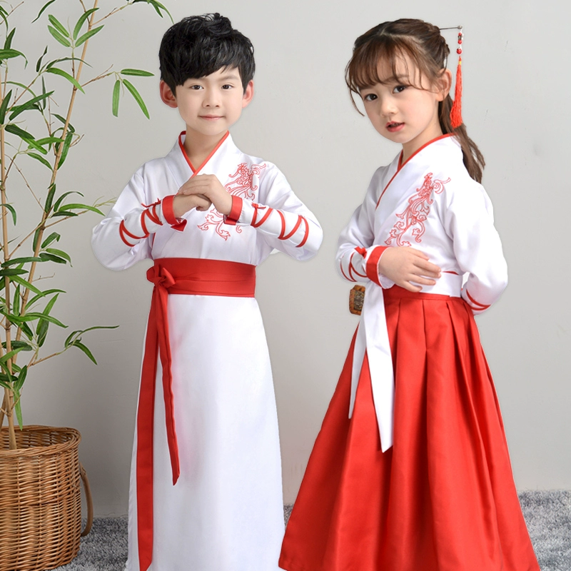 Trẻ em bé trai Hanfu Trang phục cổ đại Ba ký tự Kinh điển Sách nghiên cứu Trung Quốc Trinh nữ mẫu giáo Trang phục biểu diễn Trẻ em Trang phục mùa thu - Trang phục