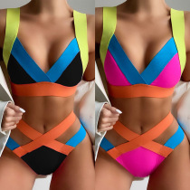 European and American beach split swimsuit bandage color comparison color high-elastic hollow triangle bikini hot spring sexy bikini