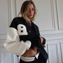 2021 Winter Single-breasted Long Sleeve Crewneck Loose Color Patch Letters Thick Warm Coat