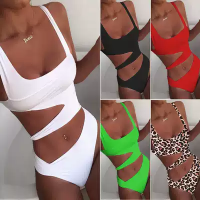 Triangle nylon chest pad summer beach swimsuit solid color hollow open waist irregular suspender sexy one-piece swimsuit