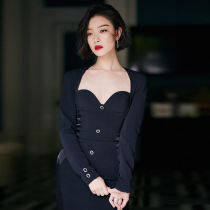 2021 Winter high waist V-neck long sleeve single-breasted split long skirt color commuter niche dress