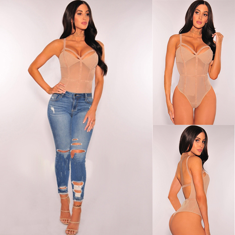 Sexy lưới V-cổ rỗng backless Slim jumpsuit ngực jumpsuit jumpsuit bộ quần áo định hình cơ thể