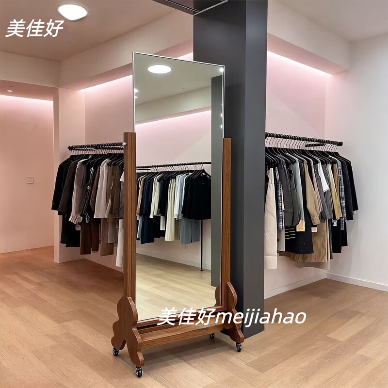 Mobile Solid Wood Full-Length Mirror, Clothing Store Fitting Mirror, Vintage Style Floor-Standing Dressing Mirror, Shopping Mall Dressing Room Mirror Mobile Solid Wood Full-Length Mirror, Clothing Store Fitting Mirror, Vintage Style Floor-Standing Dressing Mirror, Shopping Mall Dressing Room Mirror