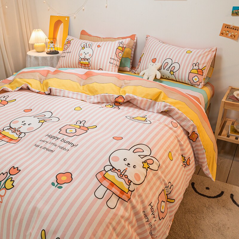 Four pieces of full cotton pure cotton summer small frescoed sheet quilt cover 1 8 Dormitory Three sets of dins bed bedding Spring and autumn