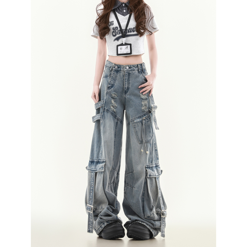 Multi-Pocket Workwear Jeans for Men and Women, Straight-Leg, Loose, Wide-Leg, American High Street Style Pants, Trendy Brand, Cool and Deconstructed Design