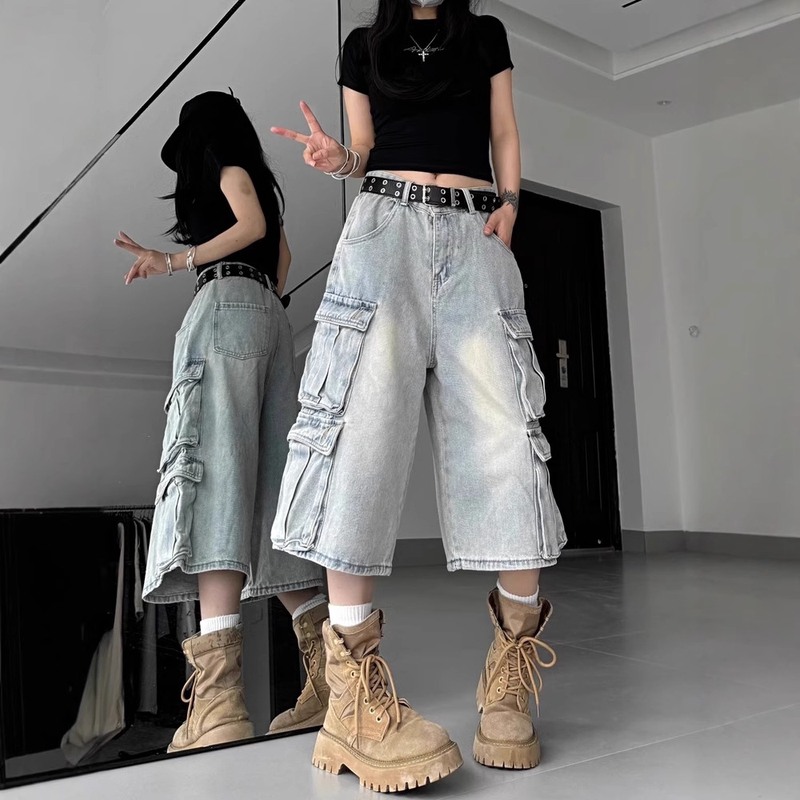 Multi-Pocket Workwear Denim Shorts for Men, Summer Thin Loose Straight-Leg Cropped American High Street Pants, Trendy Brand, Cool and Stylish Multi-Pocket Workwear Denim Shorts for Men, Summer Thin Loose Straight-Leg Cropped American High Street Pants, Trendy Brand, Cool and Stylish