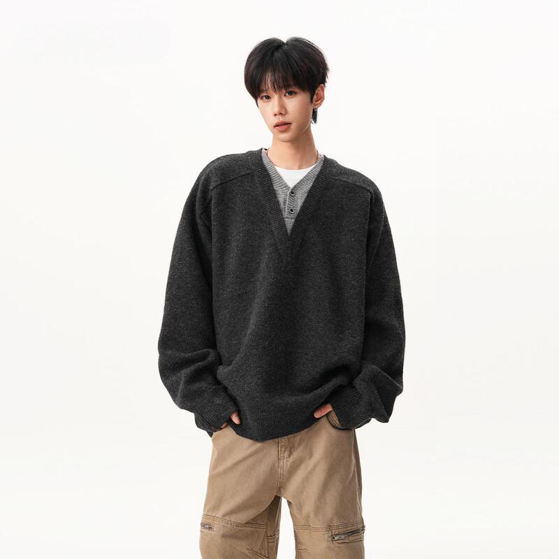 Fake Two-Piece V-Neck Sweater for Men, Autumn and Winter, Lazy and High-End Style, American Retro, Loose Long-Sleeve Knitwear for Teenagers