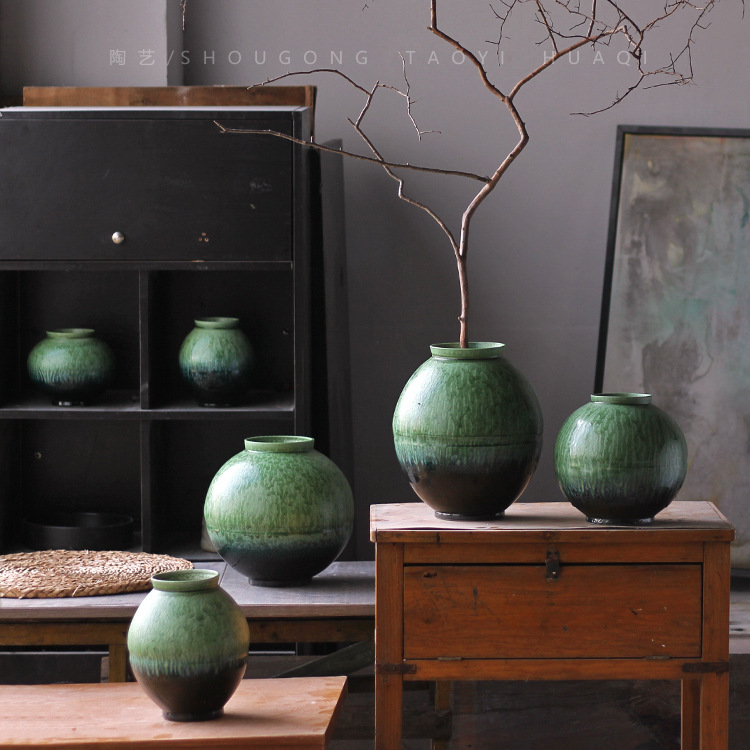 Medieval-Style Kiln-Turned-Green Living Room Flower Vessel Decoration, Chinese Zen-Style Ceramic Vase, Retro Wabi-Sabi Style Coarse Pottery Jar