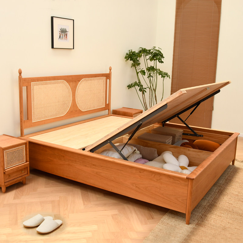 Retro cherry wood rattan bed Nordic Japanese style pure solid wood wedding bed 1 8 meters air pressure storage double bed
