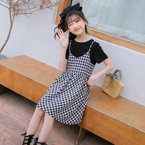 Girls  Plaid Sundress 2021 summer new medium and large childrens inner round neck solid color long sleeve childrens top suit