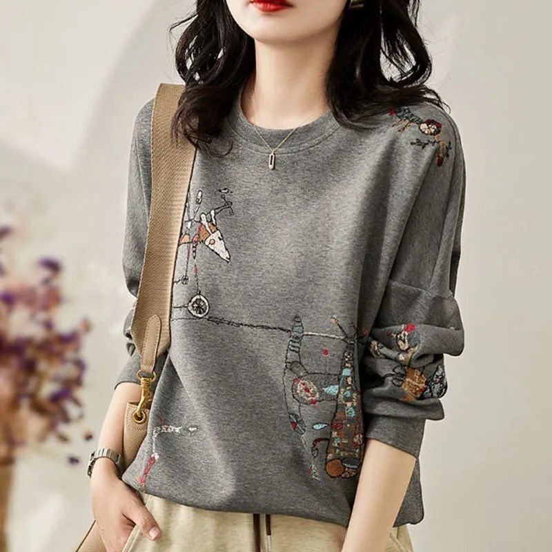 100% Cotton, Non-Pilling, High-End Spring and Autumn Sweatshirt with Cartoon Embroidery, No Hood, Trendy Women's Style ins