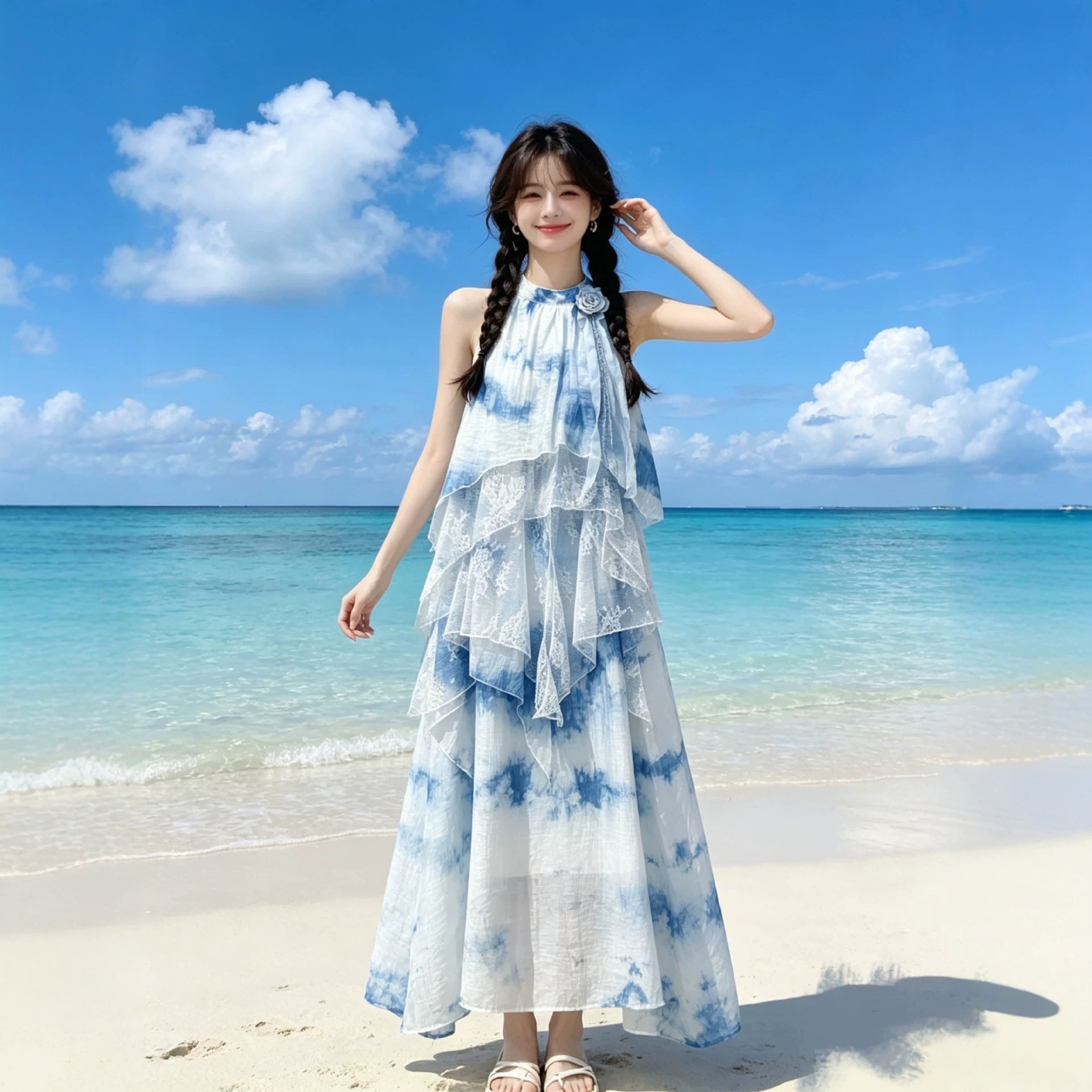 ชุดเดรสผู้หญิงคอเหล็ก ใส่ได้หลายโอกาส สำหรับการท่องเที่ยวพักผ่อน ย้อมครามจากพืชธรรมชาติแท้ ทำมือ ขายส่งจากต้าหลี่ มณฑลยูนนาน