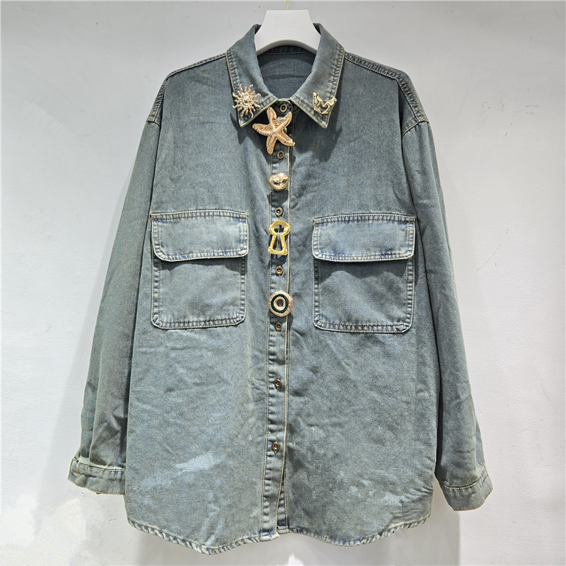 European and American 2026 Spring New Fashion Three-Dimensional Button Floral Decoration Single-Breasted Long-Sleeve Shirt Denim Top Trendy