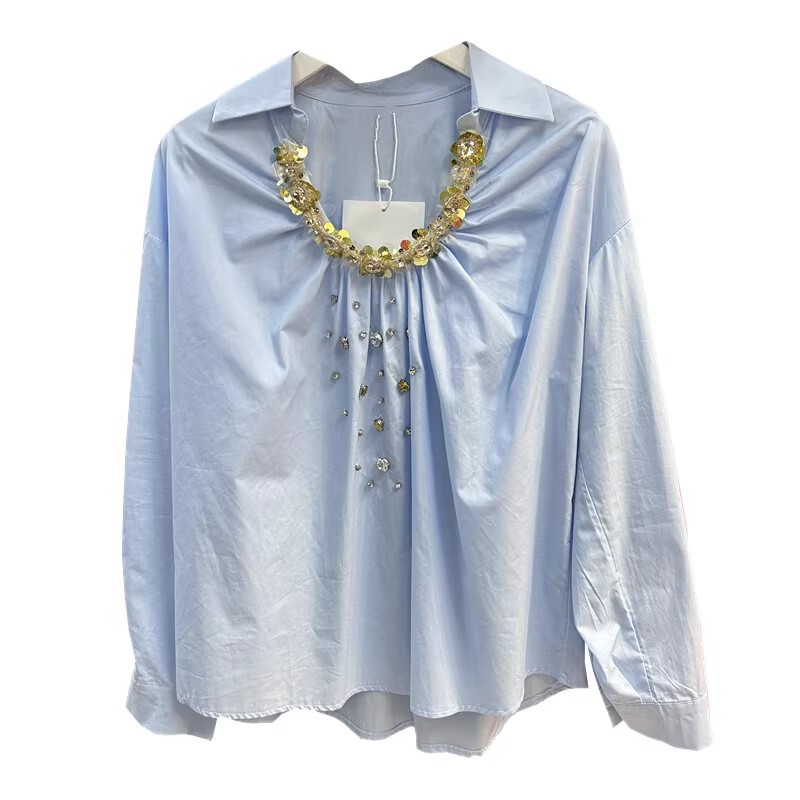 French-Style Socialite 2025 Autumn New Niche Design Gold Sequin Beaded Collar Heavy-Duty Loose Pullover Shirt Blouse