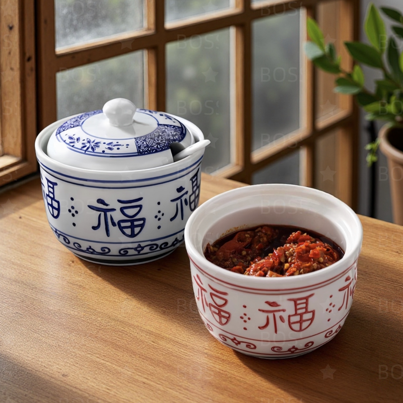 Underglaze Ceramic High-Temperature Resistant Lard Jar with Lid, Kitchen Ceramic Oil Container, Seasoning Box, Cooking Oil Container
