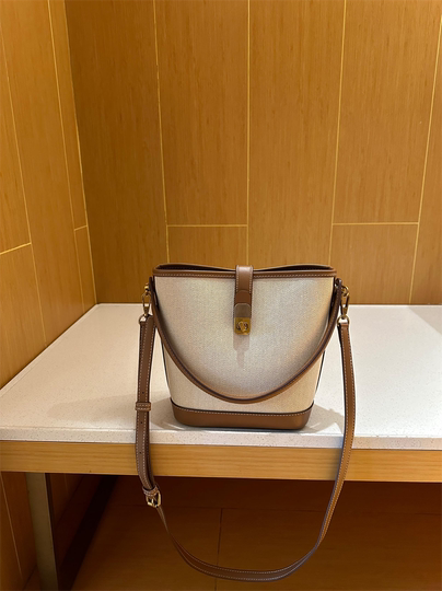 2025新款韩版小桶包帆布拼色包中包小众高级感单肩斜挎包