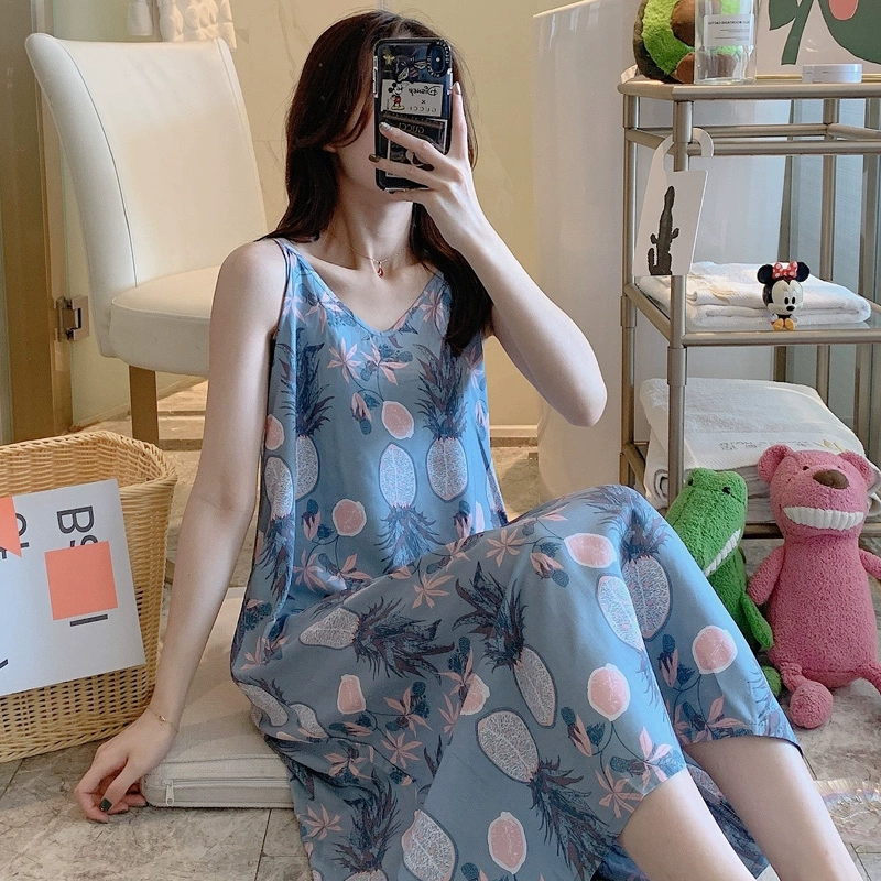 Váy ngủ nữ mùa hè dây treo nhỏ gợi cảm dễ thương đồ ngủ cotton lụa dễ thương cô gái bông nhân tạo dài qua đầu gối dịch vụ tại nhà - Đêm đầm