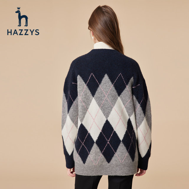 Hazzys Haggis ລະດູຫນາວເພັດ plaid cardigan ຂົນສັດຂອງແມ່ຍິງແບບອັງກິດແບບເສື້ອຄຸມ temperament ຍາວກາງສໍາລັບແມ່ຍິງ