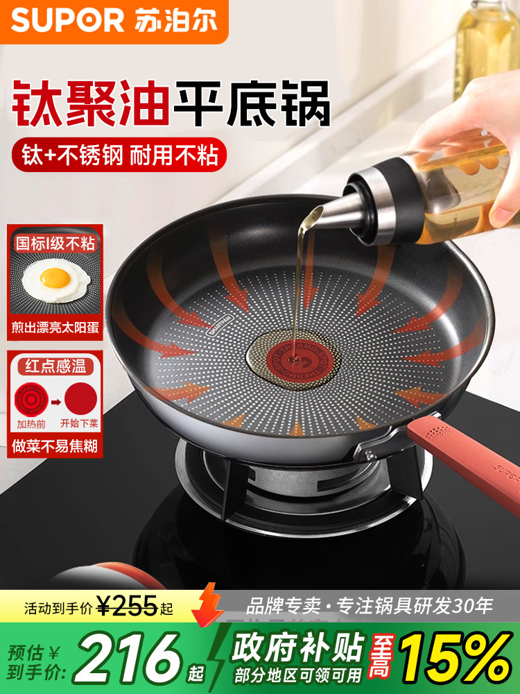 Supor Has a Titanium Non-Stick Frying Pan for Home Use, Steak Frying Pan, Stainless Steel Red Dot Oil-Collecting Pan, Special for Frying Eggs and Pancakes