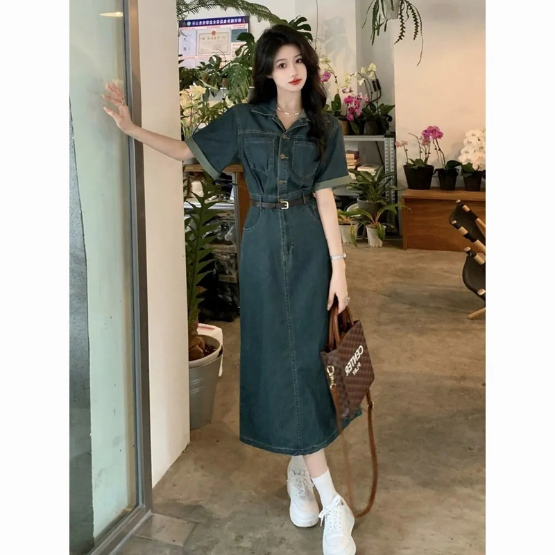 Chic Hong Kong Style Retro Polo Collar Short-Sleeved Denim Dress Women's Summer Waist Slimming Look Mid-Length A-Line Skirt Chic Hong Kong Style Retro Polo Collar Short-Sleeved Denim Dress Women's Summer Waist Slimming Look Mid-Length A-Line Skirt