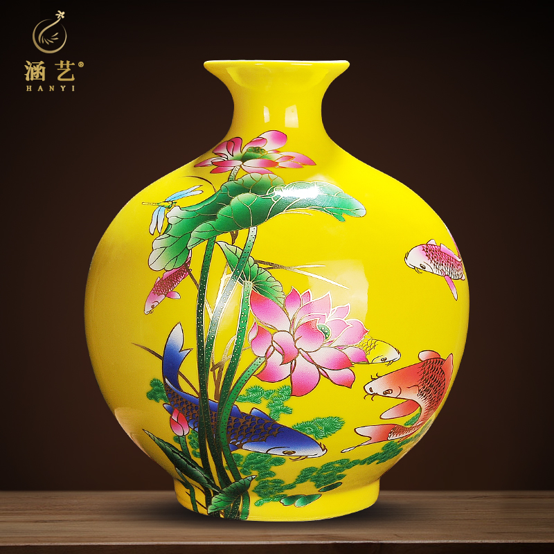 Jingdezhen ceramics yellow vase Chinese style home living room flower arrangement decoration craft gift ornaments