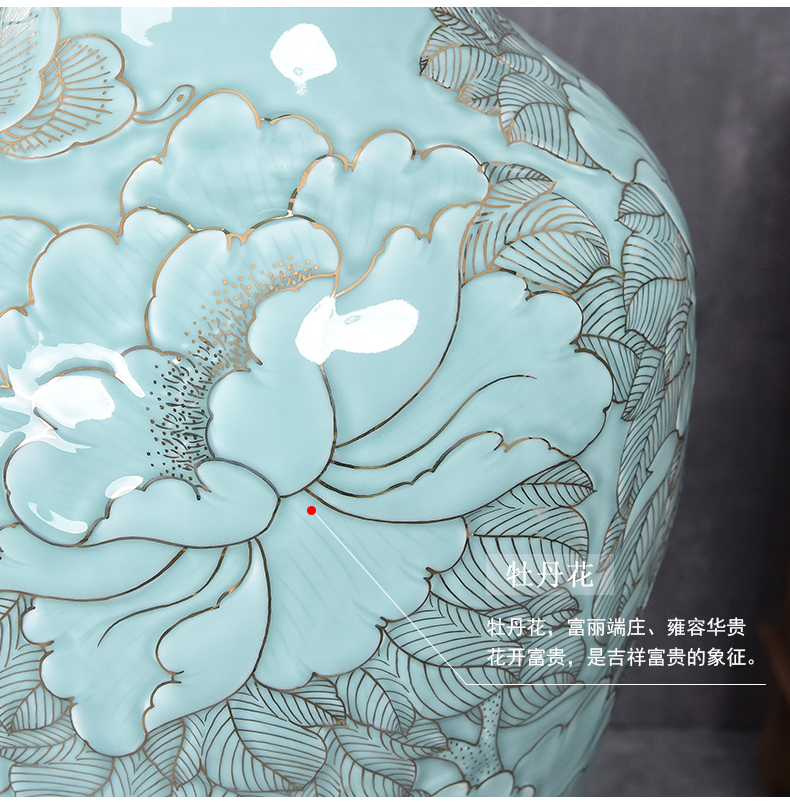 Jingdezhen ceramics big vase sitting room ground peony large gifts furnishing articles furnishing articles shadow carving celadon lotus