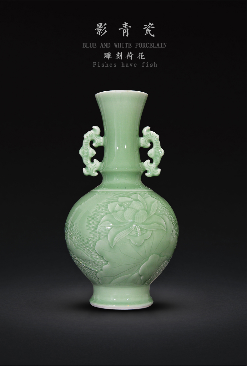 Jingdezhen ceramic film green ears bottle of new Chinese style carved lotus sitting room porch place flower decoration