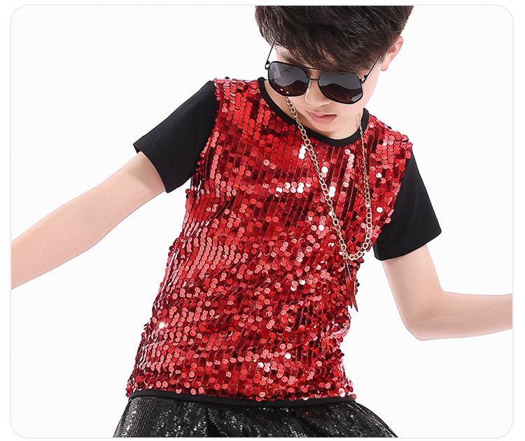 Nam trang phục sân khấu ca sĩ chủ trẻ em trang phục điệp khúc đen sequined vest T-Shirt boy trang phục