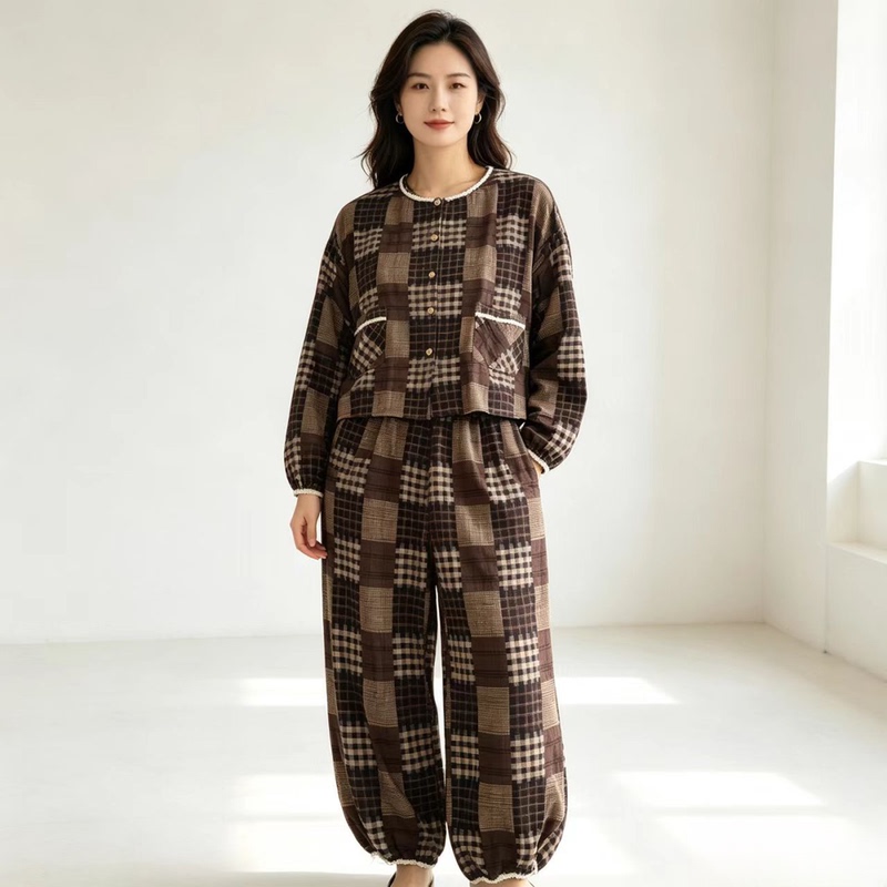 【Long-Sleeve Set】Old Alley Warm Grid - Brown Long-Sleeve Loungewear Set (Top + Pants)