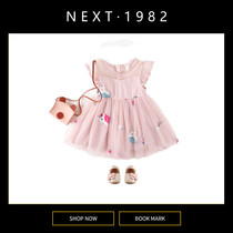 UK Next Kids Girls Pink Unicorn Puffer Sleeve Dress Summer Baby Breathable Gauze Puffer Skirt