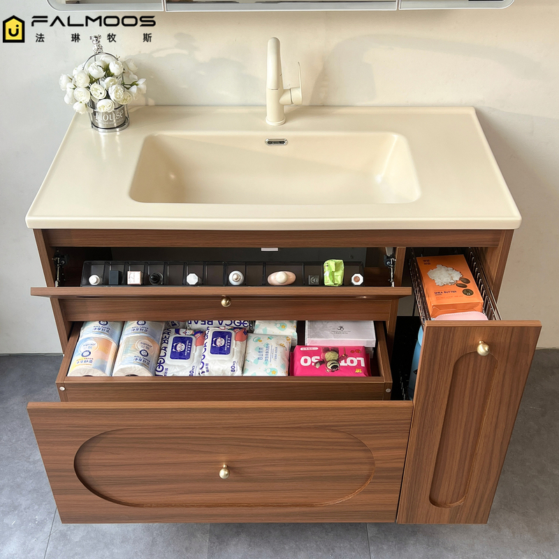 Falin Musi Antique-Style Pull-Out Bathroom Cabinet with Skin-Like Ceramic Integrated Basin, Bathroom Washbasin Cabinet Set Falin Musi Antique-Style Pull-Out Bathroom Cabinet with Skin-Like Ceramic Integrated Basin, Bathroom Washbasin Cabinet Set