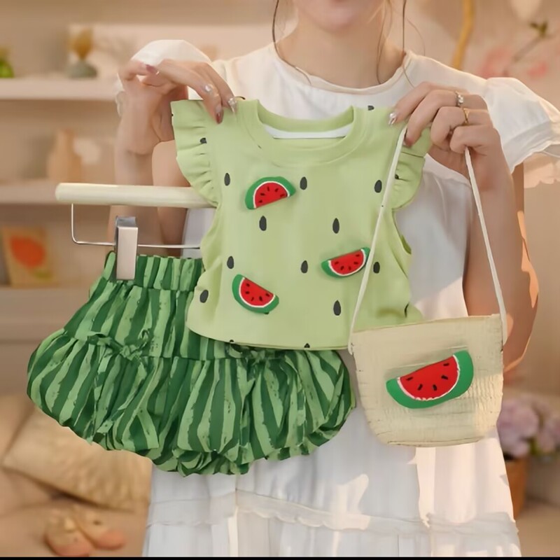 2025 Summer New Girls' Mint Green Cute and Cool Three-Dimensional Watermelon Set 2025 Summer New Girls' Mint Green Cute and Cool Three-Dimensional Watermelon Set